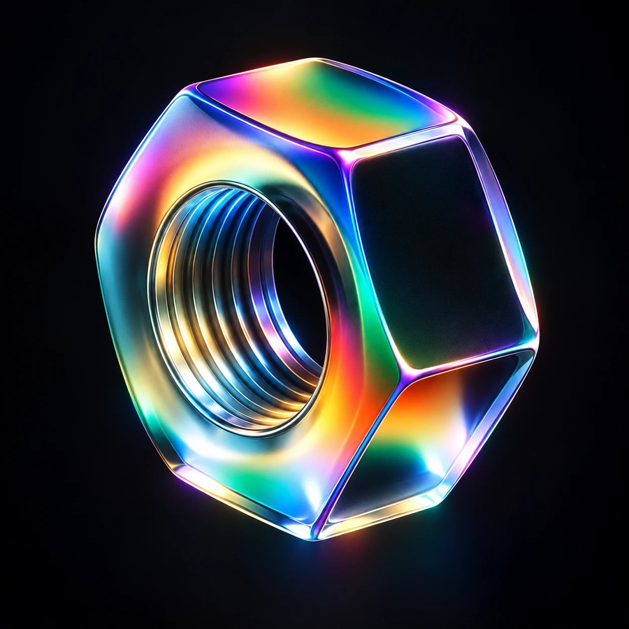 An iridescent hex nut glowing in rainbow colours